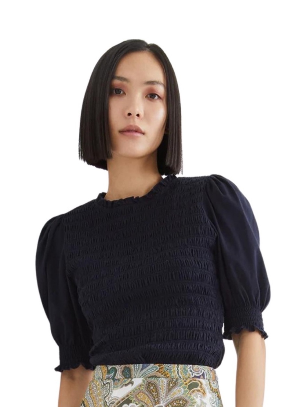 Veronica Beard Smocked Puff-Sleeve Top in Navy